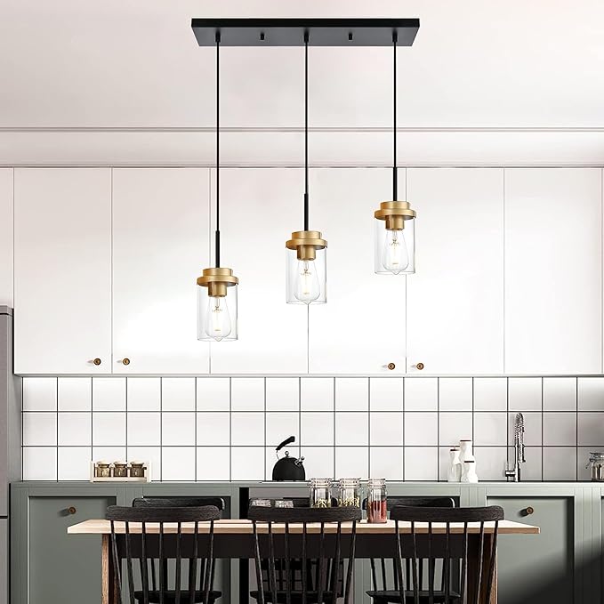 MELUCEE 20.5 Inches Dining Room Light Fixture Hanging 3-Lights Kitchen Pendant Light Fixture Over Island Black Ceiling Hanging Lamp with Clear Glass Shade, Gold Socket