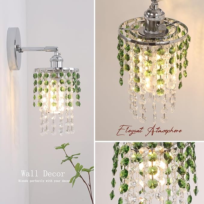 Shenmoyl Set of 2 Crystal Battery Operated Wall Sconce,Rechargeable Wall Lamp with 5400mAh Battery & Remote Control, Modern Dimmable Wireless Wall Lights for Bedroom Bathroom (Green, Silver Base)