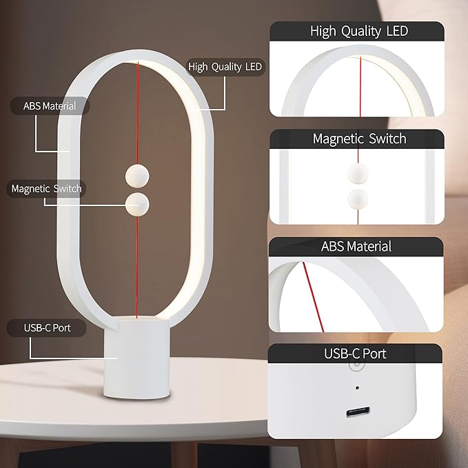 Heng Balance Light, USB Powered LED Table lamp, Creative, Magnetic Switch Night Light, dimmable Eye Protection Table lamp, Used for Gifts, Decoration Bedside, Dormitory and Office(White)