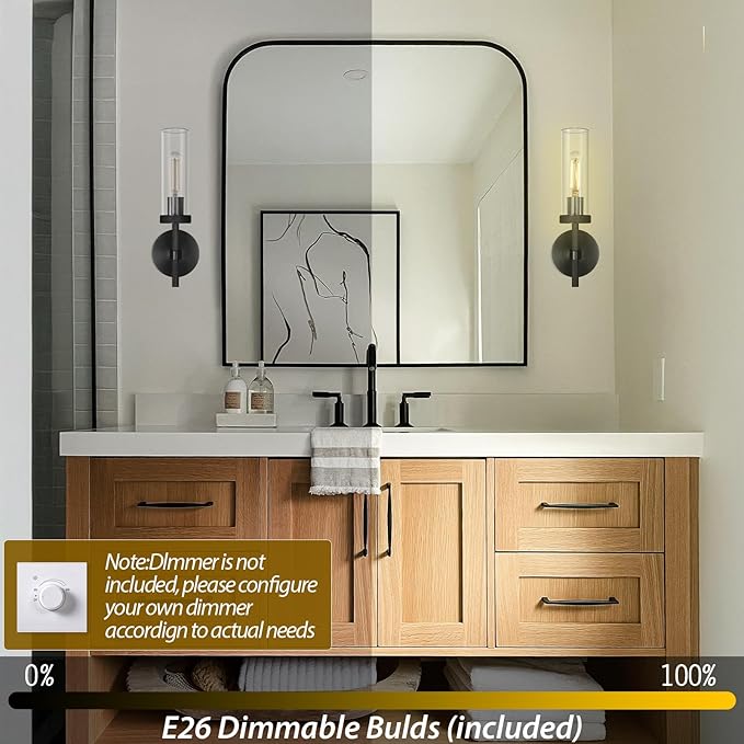Black Wall Sconces Set of Two, 14" Bathroom Vanity Sconce Light, Glass Tube Wall Sconces, Sconces Wall Lighting Indoors, Wall Lights for Mirror, Living Room, Bedroom, Hallway (including bulb)