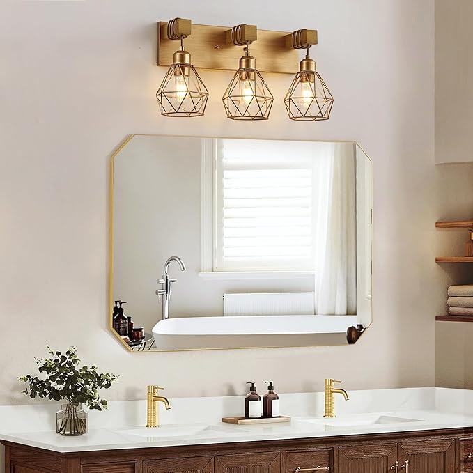 Farmhouse Bathroom Light Fixtures, 3-Light Gold Bathroom Vanity Light, Rustic Matte Antique Brass Finish with Metal Lampshade, Wall Sconces for Bedroom, Living Room, Hallway
