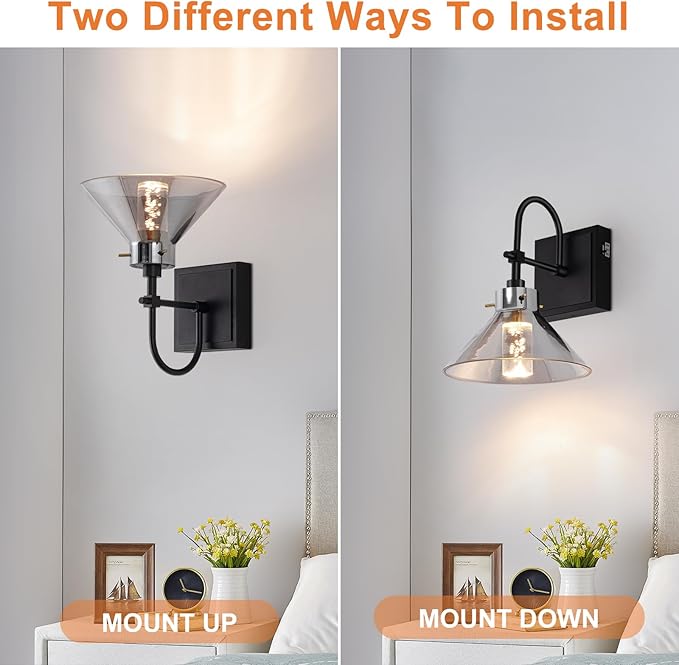 Wall Sconce Hardwired, Modern LED Black Wall Lamp, 6W 3 Color Temperatures 3000K-4000K-6000K, Wall Light Fixture with Smoked Gray Glass Shade for Bathroom Bedroom Living Room