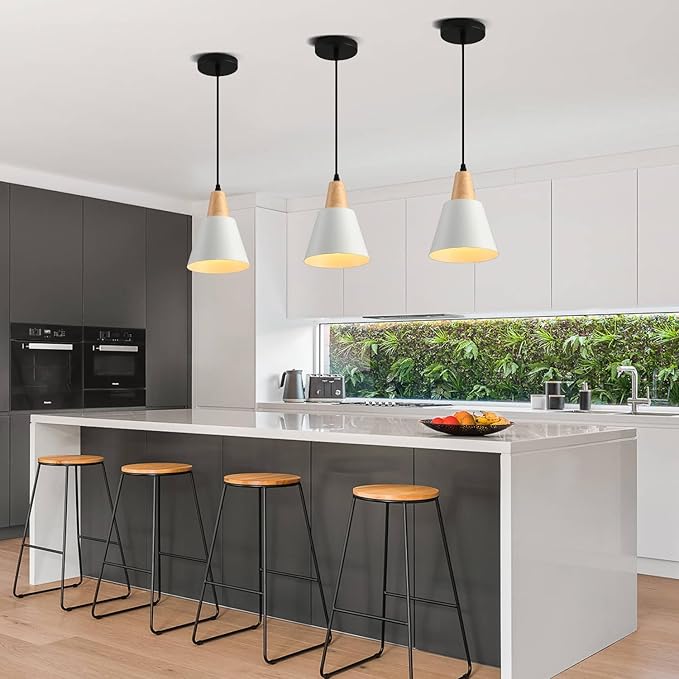 2 Pack Pendant Lights, White Pendant Lights Kitchen Island,Wood Dome Minimalist Industrial Ceiling Hanging Lights for Kitchen Island, Barn, Dining Room, Living Room, Bedroom