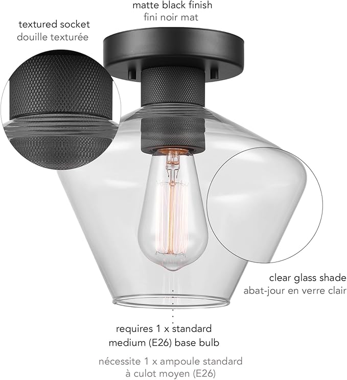 Globe Electric Harling 1-Light Semi-Flush Mount Ceiling Light, Matte Black, Clear Glass Shade, Diamond Knurl Texture on Socket, Home Improvement, Dining Room, Kitchen