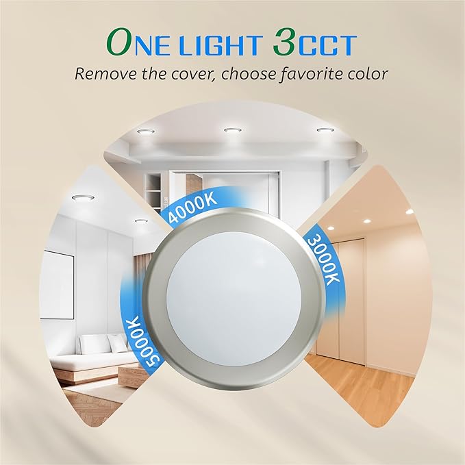 ECOELER LED Disk Light, 6inch Brushed Nickel Aluminum Trim Dimmable Downlight, 3000K/4000K/5000K Selectable Flush Mount Ceiling Light Fixture, 16.5W 1000Lm, ETL Listed