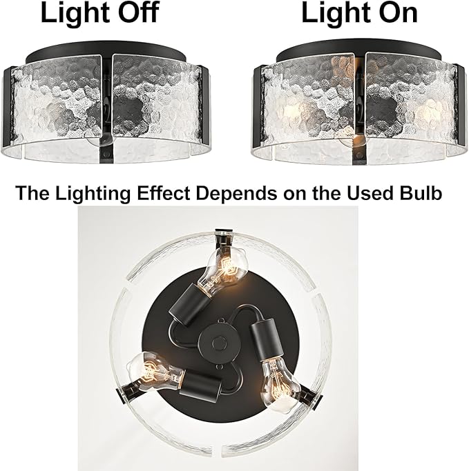CLAXY Farmhouse Ceiling Light Fixture 3-Light Black Hallway Ceiling Light with Handmade Textured Glass Drum Shade, Dimmable Flush Mount Light for Bedroom Entryway Kitchen