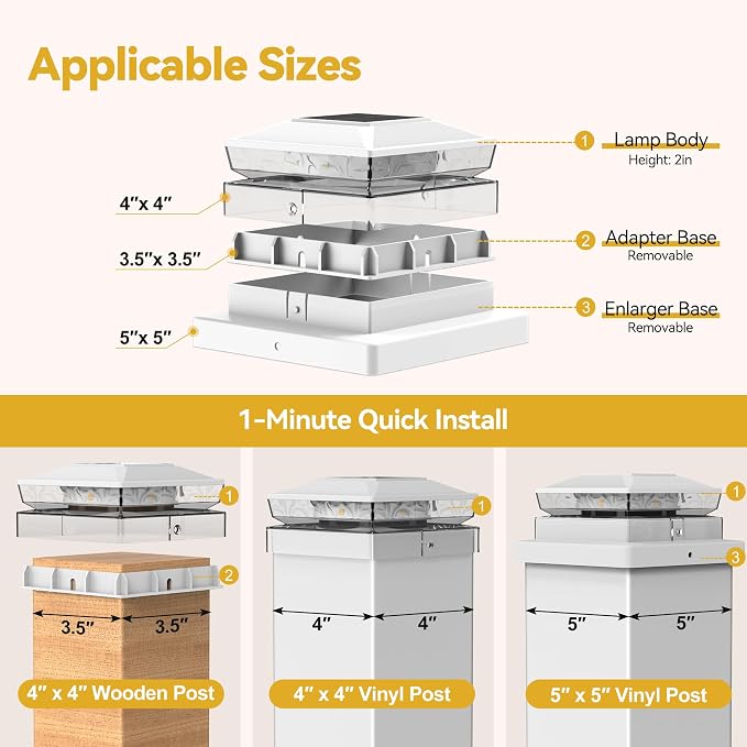 KEILAIMO Solar Post Cap Lights, 6 Pack Upgraded Outdoor Deck Fence Post Solar Lights for 4x4 5x5 Wood/Vinyl Posts, IP65 Waterproof, 10-12 Hours Warm White Glow for Garden/Patio/Porch - White