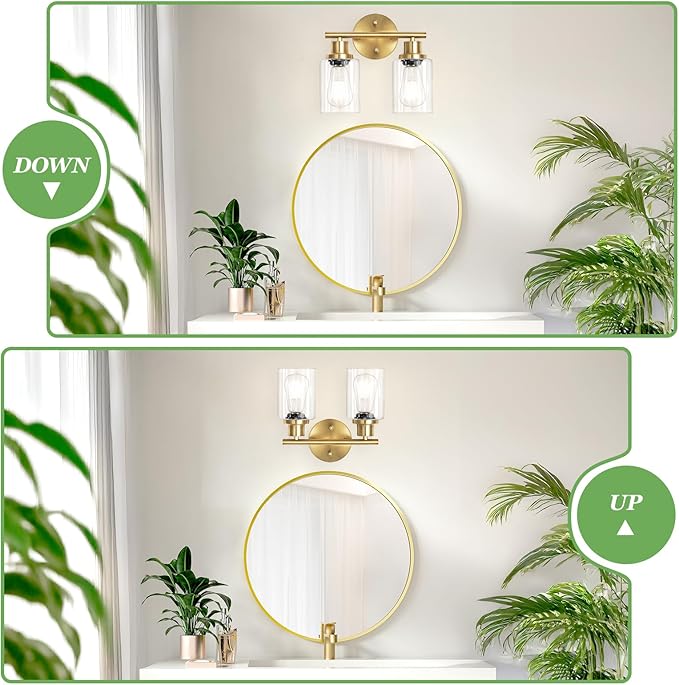 2-Light E26 Bathroom Light Fixtures, Modern Brushed Gold Vanity Lights for Bathroom with Clear Glass Shade, Mirror Kitchen Hallway Cabinet Living Room Sconces Wall Lights