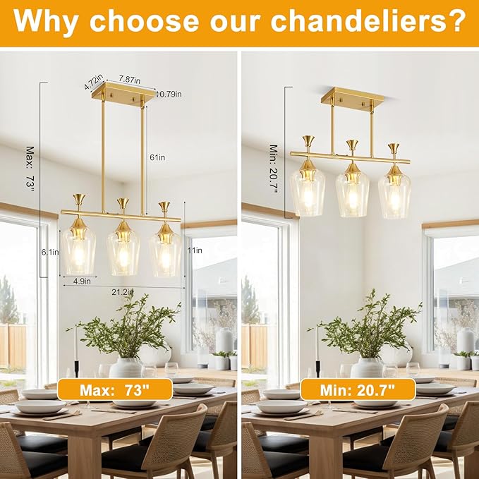 21.2" Dining Room Light Fixture/Chandelier Over Table, 3-Light Brushed Gold Kitchen Island Lighting with Clear Glass Shade, Modern Hanging Pendant Lights Fixture for Kitchen Island, Dining Room, Bar