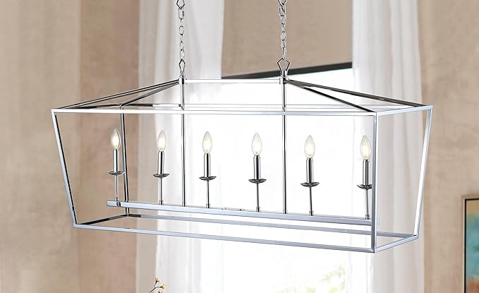 JONATHAN Y 49" Chrome Lantern Pendant Light, 1-Light Pagoda Style Metal Cage Farmhouse Hanging Ceiling Fixture for Kitchen Island, LED Bulb Included (JYL7439C)