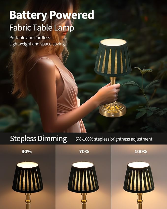 KDG Cordless Portables Table Lamp Set of 2, LED Fabric Shade Small Desk Lamps, 5000mAh Battery Powered Lighting, 2700K Stepless Dimmable Light for Living Room, Dining Room, Bedroom (Gold+Green)