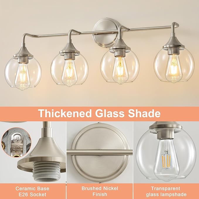 Bathroom Vanity Light with Clear Glass Shade, E26 Base 4-Light Bathroom Light Fixtures Over Mirror, 31 Inch Vanity Lights for Bath (Exclude E26 Bulb)
