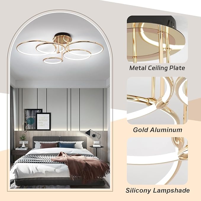 CANEOE Modern Ceiling Light Fixture,Gold Dimmable Led Ceiling Light with Remote Control for Living Room,5 Rings Flush Mount Ceiling Lamp for Living Room Bedroom Kitchen Lighting Fixtures Ceiling