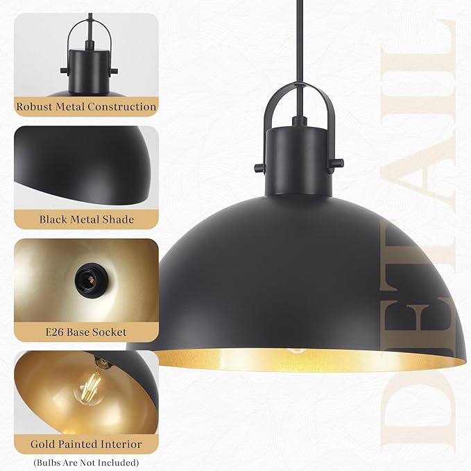 Black Pendant Light 2 Pack, 11.8 Inch Pendant Lights Kitchen Island, Dome Pendant Lights, Farmhouse Pendant Light for Kitchen Island, Dining Room, Living Room