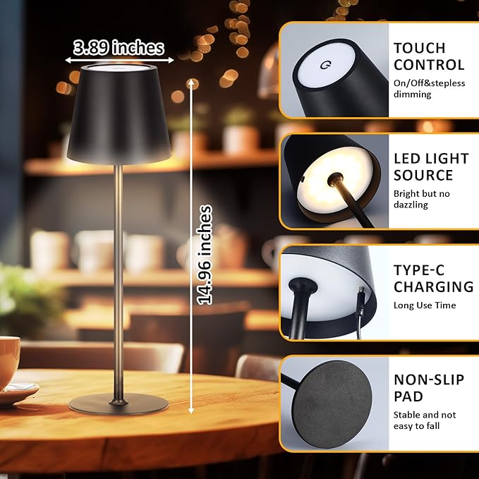 Retisee 12 Pack Cordless Table Lamp Portable LED Rechargeable Desk Lamp 3000mah Battery Operated 3 Color Stepless Dimming Waterproof Touch Control for Bedroom Restaurant (Black,Round Base)