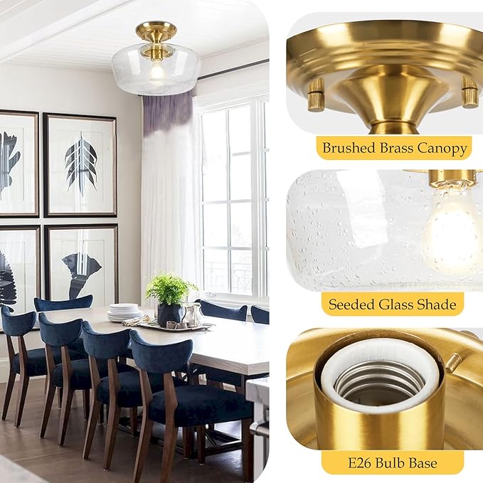 Schoolhouse Style Light Fixture, 12" Brass Semi Flush Mount Ceiling Light with Seeded Glass Globe, Close to Ceiling Lights for Kitchen Hallway Entryway