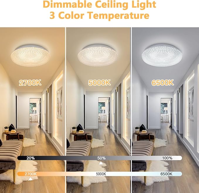 OOWOLF Flush Mount LED Ceiling Light Fixture, 2700K-6500K Super Bright 36W 3600LM 13.78 Inch Dimmable Warm/White Light Kitchen Light Modern Ceiling Lamp for Bedroom Bathroom, Chandeliers with Remote