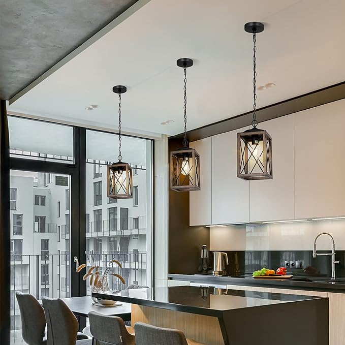 EDISHINE Farmhouse Pendant Light, Metal Hanging Light Fixture with Wooden Grain Finish, 63 Inch Adjustable Chain for Flat and Slop Ceiling, Kitchen Island, Bedroom, Dining Hall, E26 Base, 1 Pack