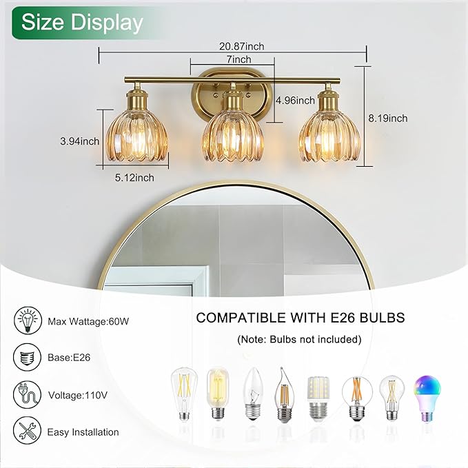Gold Bathroom Light Fixture, 3-Light Bathroom Vanity Light Over Mirror with Ribbed Amber Tulip Glass Shade, Brass Wall Scone Lighting for Farmhouse, Bedroom,Living Room,Hallway