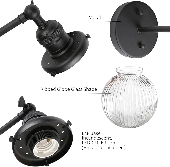 Phansthy 1-Light Wall Sconce, Brass Boho Bathroom Vanity Light, Modern Wall Light with Globe Glass Shade E26 Base, Adjustable Wall Lighting Fixtures for Bedroom, Living Room (Black, Striped Shade)