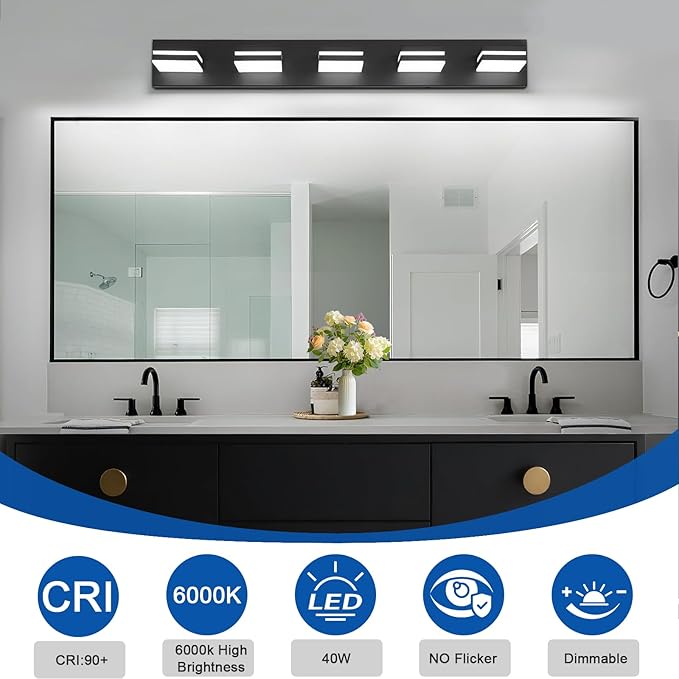 IZORRO LED Modern Bathroom Lights Fixtures(5-Light,Dimmable,360°Rotate),Matte Black Acrylic Wall Lighting,Vanity Lights for Bathroom Over Mirror - 6000k 30In （No Assembly Required）