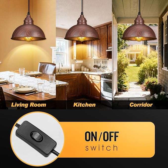 Plug in Pendant Light, 15FT Hanging Lights, On/Off Switch, Industrial Pendant Light with Plug in Cord, Metal Hanging Lamps for Living Room, Kitchen, Dining Room Brown