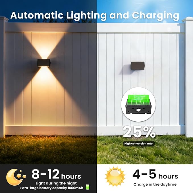 Solar Fence Lights Outdoor, 6 Pack Warm White Up and Down Solar Wall Lights, IP67 Waterproof LED Dusk to Dawn Solar Powered Fence Lights for Patio, Backyard, Deck, Garden, Yard, Outdoor Wall Decor