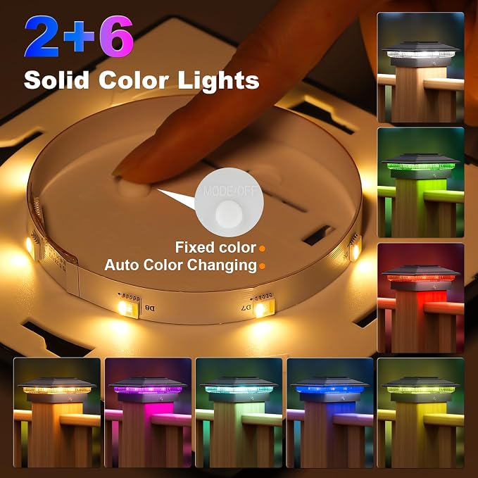 APONUO Solar Post Cap Lights Color Changing - RGB 8 Solid & Gradient Colors, IP65 Waterproof, for 4x4 5x5 6x6 Wood Vinyl Fences, Deck, Patio, Yard, Black, 12 Pack