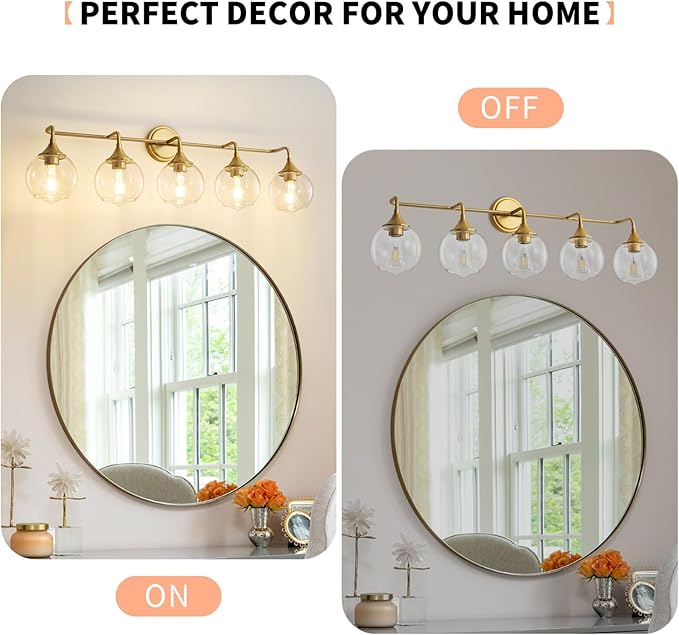 Bathroom Vanity Lights with Clear Glass Shade, E26 Base, Vanity Lighting Fixtures Over Mirror, 39 Inch Vanity Lights for Bathroom (Exclude E26 Bulb) (Gold, 5-Lights)