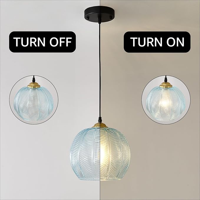 Blue Glass Pendant Light, Single Large 9.8-Inch Globe Shade Hanging Chandelier, Hand Blown Glass Ball Pendant Light Fixtures for Kitchen Island, Staircase, Dining Room, Living Room, Bedroom