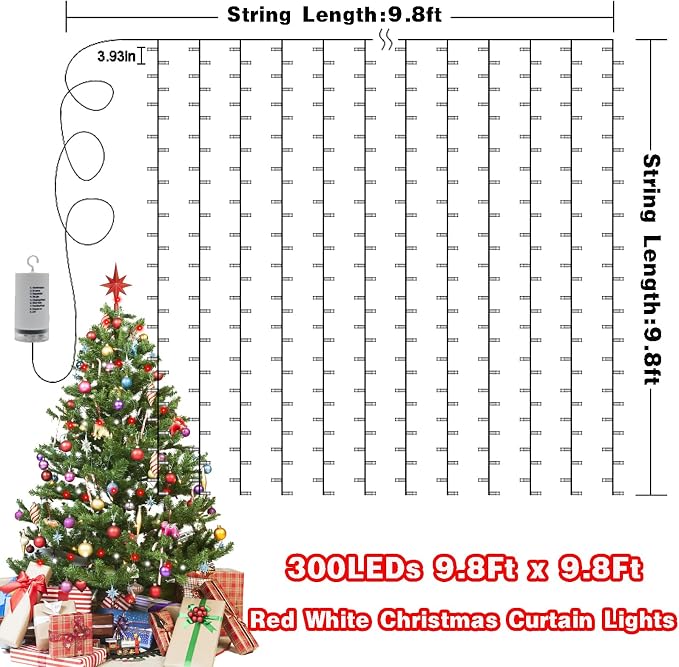 Christmas Battery Curtain Lights Red White with Remote Timer 9.8×9.8ft