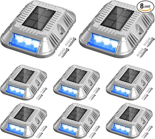 addlon Solar Dock Lights Marine 8 Pack, 2CCT Outdoor Driveway Marker Deck Lights, IP67 Waterproof, Solar Powered Deck Light for Pathway Warning Step Sidewalk Patio, Blue Light & Cool White, FCC