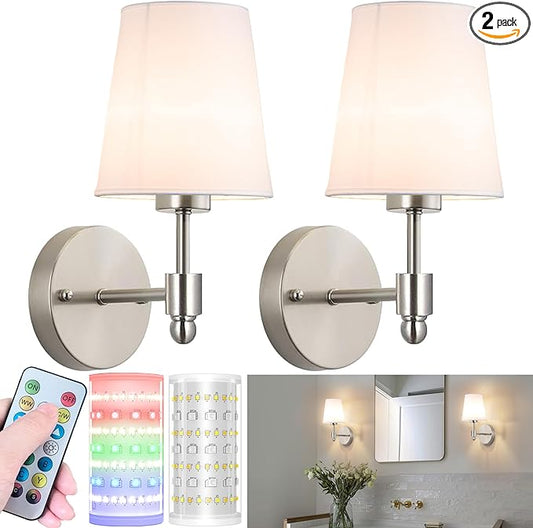 Battery Operated Wall Sconces Set Of 2, Wireless Battery Wall Light With 10000mAh RGB Rechargeable Magnetic Bulb, Rechargeable Wall Sconce With Remote Control For Bedroom, No Electrician Required