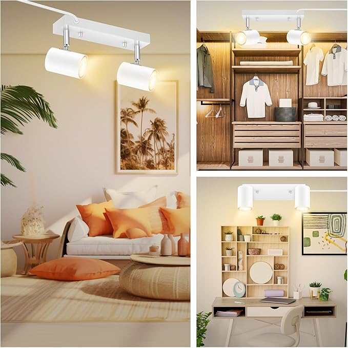 AUQUEE 2 Light Track Lighting Kit,White 2 Way Flexible Plug in Ceiling Spotlight,Industrial LED Wall Light for Kitchen Cabinet Gallery Bar Hallway Living Room,Rocker Switch,15 ft Cord(No Bulb)