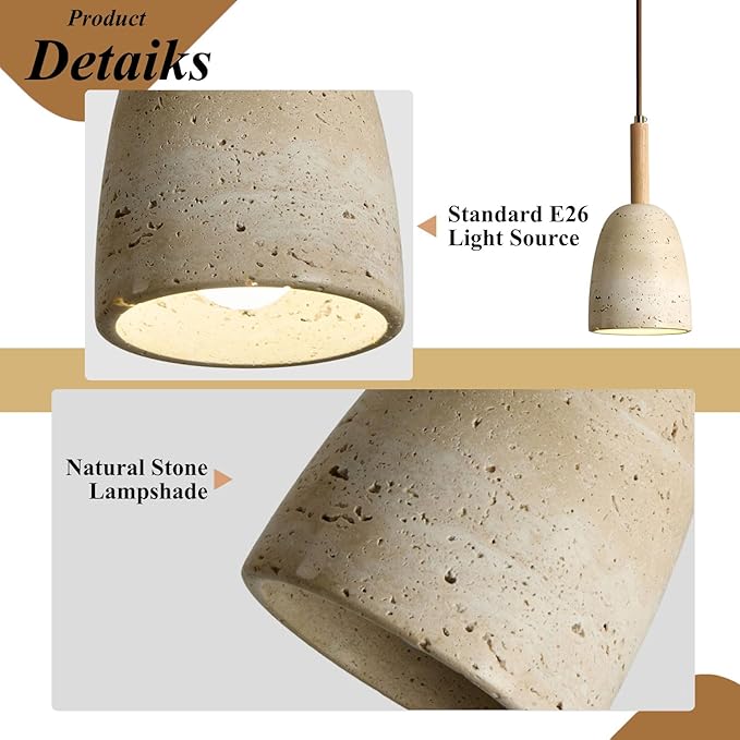 Japanese Style Wabi Sabi Stone Shade Pendant Lamp, Modern Wood Pendant Light, Bedroom Bedside Pendant Light for Living Room Dining Room Table Ceiling Hanging Lamp