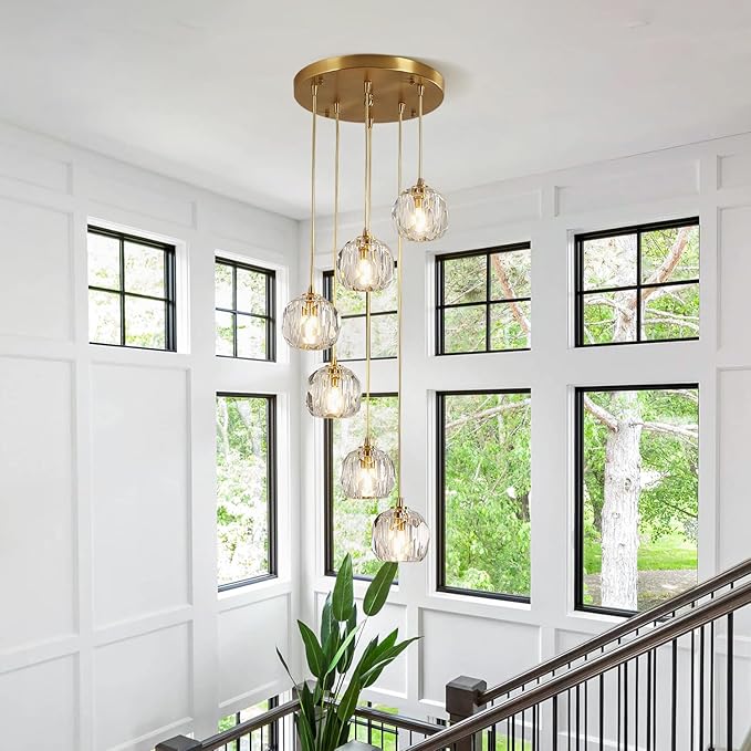 Modern 6 Lights Cluster Pendant Lighting Multi Light Gold Crystal Chandelier Pendant Light Mid Century Anti Brass Clear Glass Round Ceiling Hanging Light Fixture
