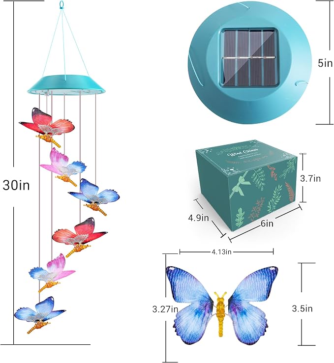 Zeiliuled Solar Wind Chime,Color Changing Dynamic Butterfly Wind Chimes | Solar Outdoor Decorative Mobile Lights for Garden, Yard, Patio, Window Decorations, Gift for Women Mom Girls