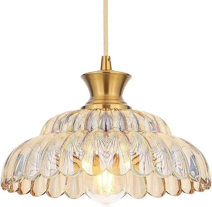 Amber Glass Pendant Lights, 11.8" Brushed Gold Lighting Glass Light Fixtures Modern Amber Chandelier Vintage Hanging Ceiling for Kitchen Island Dining Room Restaurant Bedroom Foyer Entryway