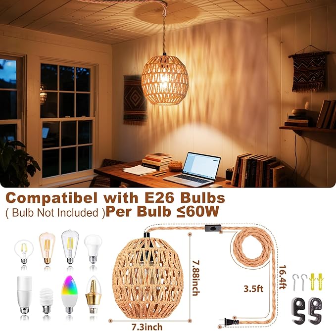 Maliralt Hanging Lamps Rattan Pendant Light Hanging Lights 16.4ft Plug in Cord Pendant Light Fixture Plug Into Wall Outlet Pendant Lighting with On Off Switch for Bedroom Living (Egg Shade)