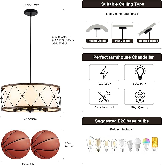 Mayful D19.7 Modern Farmhouse Chandelier 5-Light Adjustable Pendant Light for Dining Room Light Fixture, Rustic Drum Hanging Chandeliers for Kitchen Island Entryway Foyer Bedroom Living Room,Black