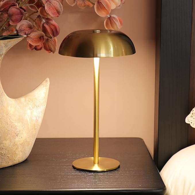 Portable Mushroom Table Lamp with 5200mAh Battery, 11'' Cordless LED Night Light with Stepless Dimming, 3 Color Modes & Adjustable Height for Bedroom/Patio/Bar Decor/Coffee Shop Ambiance (Gold-tall)