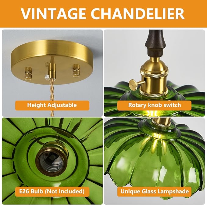 Modern Green Glass Pendant Light Retro Flower Glass Hanging Lamp Gold Brass Decorative Adjustable Ceiling Hanging Light Suitable for Kitchen Island Bedroom Dining Room Living Room