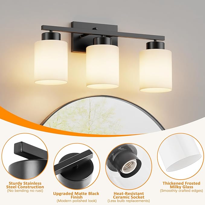 PARTPHONER 3-Light Matte Black Bathroom Light Fixtures, Modern Vanity Light Over Mirror Lighting, Wall Sconce with Frosted Milky White Glass Shades for Bedroom Living Room Kitchen Hallway