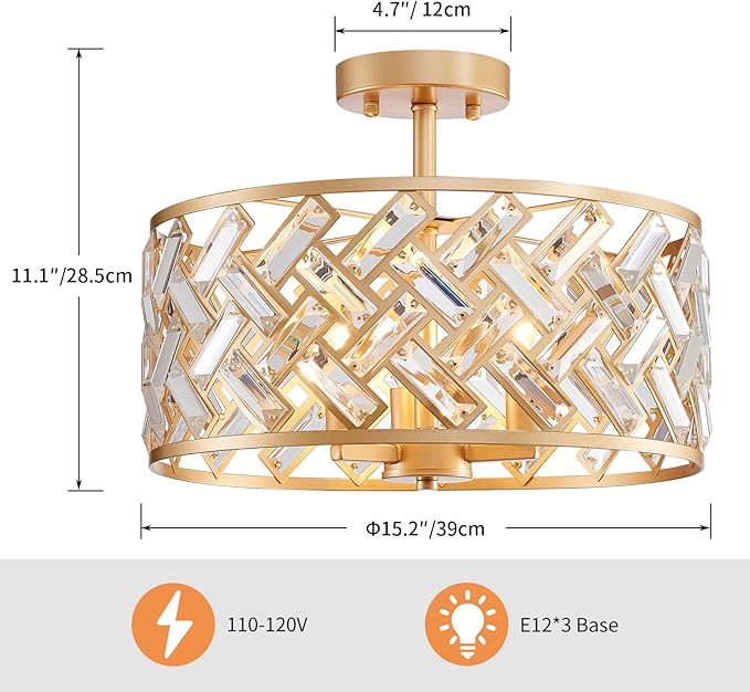 AGV LIGHTING Gold Semi Flush Mount Ceiling Light Fixture, Crystal Chandelier Ceiling Lighting Fixture for Bedroom, Kitchen, Hallway