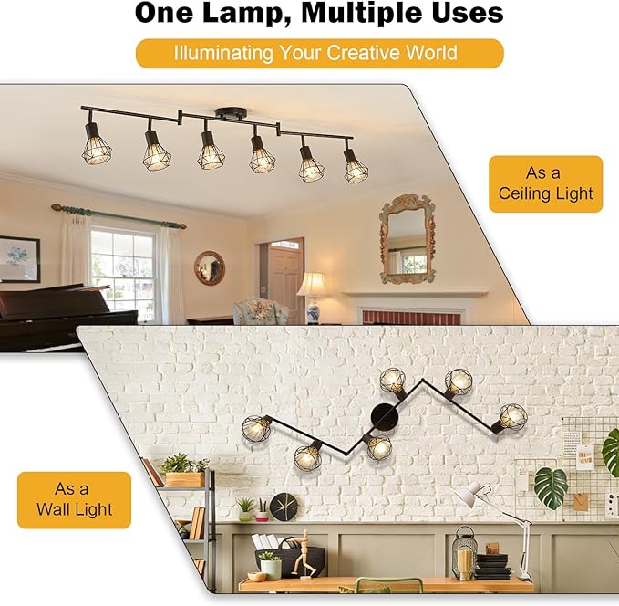 6-Light Black Track Lighting Fixtures Ceiling Modern Farmhouse Track Lighting with Metal Cage E26 Base Kitchen Lights Fixture Flush Mount Ceiling Light Fixture for Dining Room(Bulbs Not Included)