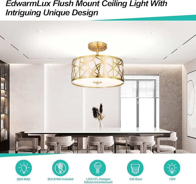 3-Light Semi Flush Mount Ceiling Light, 12.6" Drum Light with White Fabric Shade, Modern Close to Ceiling Lamp for Living Room Bedroom Dining Kitchen Hallway Entry Foyer (Brushed Gold)