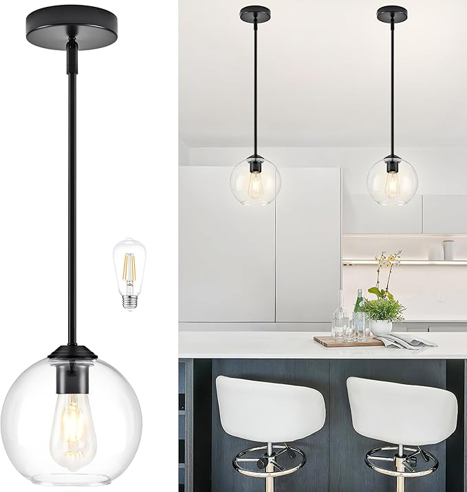 7 Inch Matte Black Modern Pendant Lights Kitchen Island Mid Century Modern Pendant Light Fixtures with Clear Glass Globe Modern Hanging Pendant Light for Bathroom Bedroom （Bulb Incl）