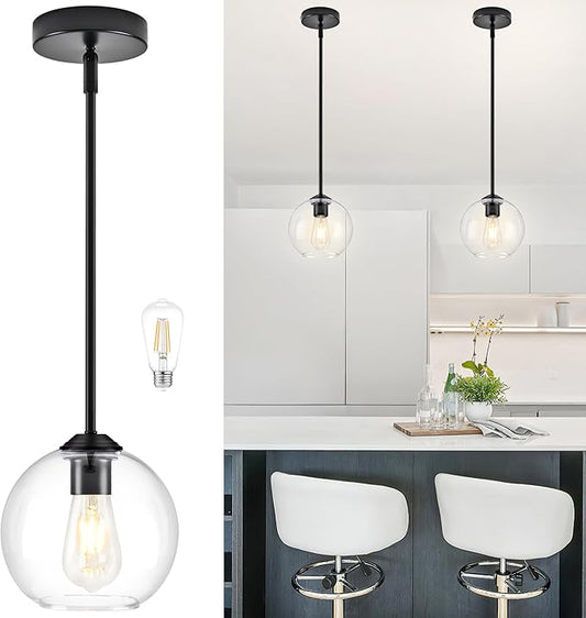 7 Inch Matte Black Modern Pendant Lights Kitchen Island Mid Century Modern Pendant Light Fixtures with Clear Glass Globe Modern Hanging Pendant Light for Bathroom Bedroom （Bulb Incl）