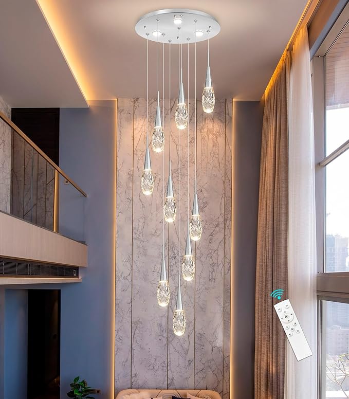 118 Inches Long Chandelier Adjustable Hanging Lights Modern Glam Crystal Ceiling Pendant Dimmable Lighting Fixture for Hallway Foyer Living Room Silver