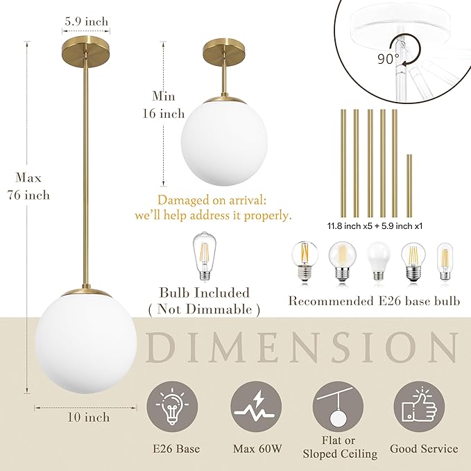 Bagood 10 Inch Globe Pendant Light Gold Mid Century Pendant Light Contemporary Globe Pendant Lights Adjustable Hanging Light Fixture Milk Glass with Brass Finish for Dining Room Kitchen Island